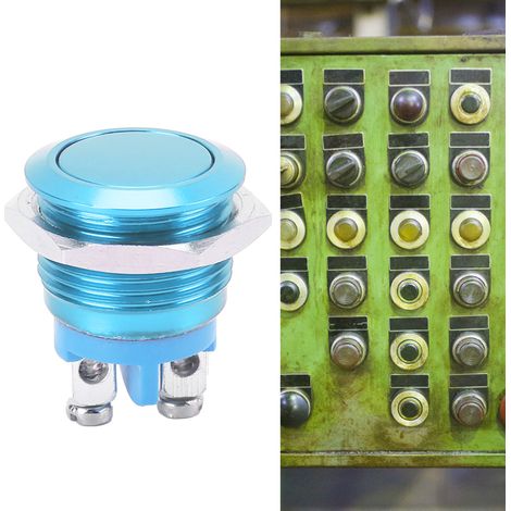 Interrupteur à bouton-poussoir en métal à tête plate de 16 mm, entièrement anodisé, à réarmement automatique, de type vis de réglage, 220 V, bleu. (1/5)