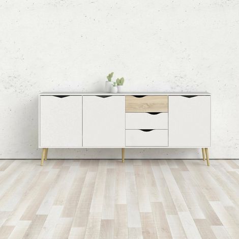 Dmora Buffet avec trois portes et trois tiroirs, blanc et chêne, Dimensions 195 x 81 x 39 cm (1/5)
