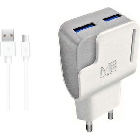 Chargeur USB Type-C - Chargeur double USB blanc avec câble USB Type-C de 100 cm - Compatible avec les téléphones et tablettes Android, Samsung et Huawei. (1/3)