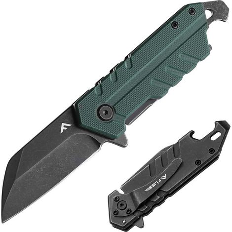Couteau de Poche Multifonction, Couteau Pliant avec Manche en G10, Ouvre-bouteille, Clip de Ceinture, Cadeau d‘Outil pour Camping, Randonnée, Voyage, Alpinisme, Vert (1/5)