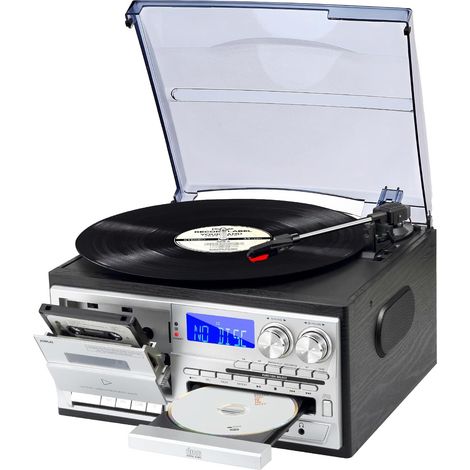 9 en 1 Platine Vinyle 3 Vitesses avec télécommande, Tourne-Disque Vinyle Bluetooth avec Haut-parleurs intégrés CD/Cassette Radio AM/FM USB/SD/MMC 3.5mm Aux-in/RCA-Out, Noir (1/5)