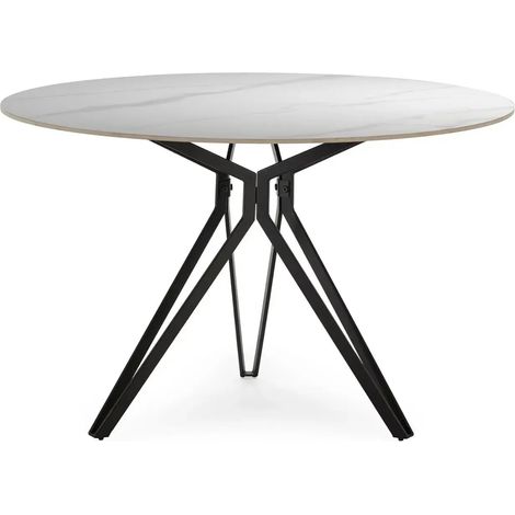 SAVIA - Table à manger ronde 120 cm en pierre frittée - Blanc