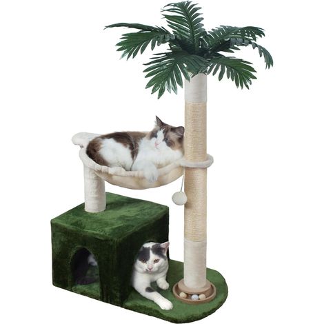 Arbre à Chat 95cm avec Hamac Métal & Piste, Vert et Blanc (1/5)