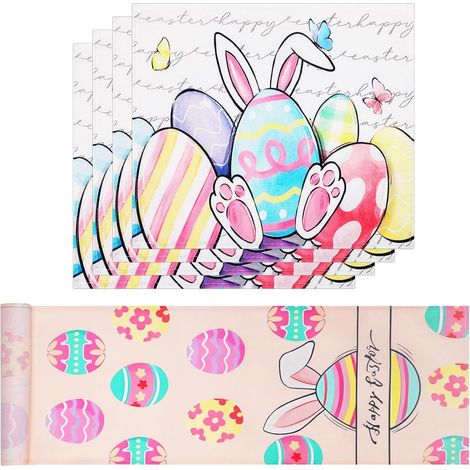 Camino de mesa de Pascua con 4 manteles individuales, 183 x 33 cm. Camino de mesa lavable con forma de huevo de Pascua, decoración de mesa para fiestas de Pascua en restaurantes.