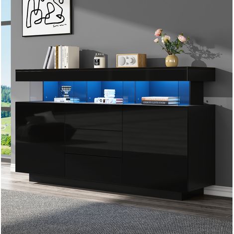 Buffet 140x35x80 cm noir en panneaux de particules et acrylique avec LED, 3 tiroirs et 2 portes (1/5)