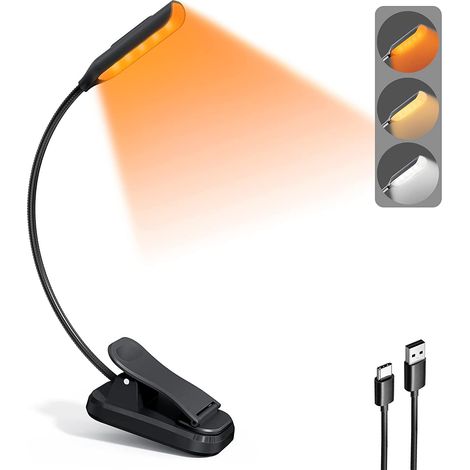 Leichte und wiederaufladbare Leselampe mit 9 bernsteinfarbenen LEDs zum Lesen im Bett, Klemmleuchte zum Schutz der Augen, bis zu 80 Stunden Akkulaufzeit, 3 Helligkeitsstufen x 3 Farbmodi (1/5)