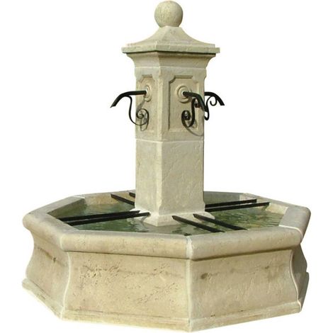 Habitat Et Jardin – Fontaine de jardin octogonale en pierre reconstituée – Dimensions 1.90 x 1.80 m – Hauteur du bac 50 cm – Livrée avec 4 becs verseurs