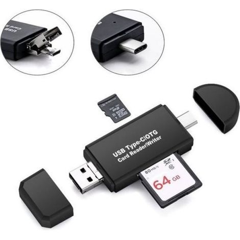 Lecteur de Carte Mémoire - Type C - 3 en 1 - USB 2.0 - Micro USB - Compatible Android (1/4)