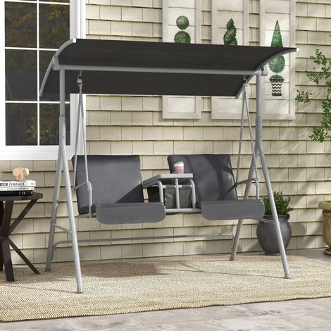 Balançoire Hollywood - 2 places - jusqu’à 180 kg - noir - avec toit et table - cadre métallique - 175x110x165 cm