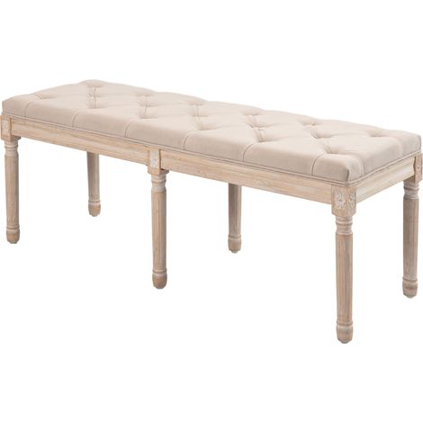 Banc au design vintage, capitonnage à boutons, pieds tournés, style shabby chic, crème et blanc