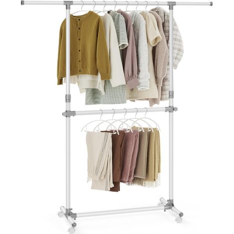 Portant à Vêtements Double Barre, Porte-manteau, Porte-vêtements, Hauteur Réglable de 113 à 180 cm, Barre Centrale Réglable, Blanc LLR401W01 (1/5)
