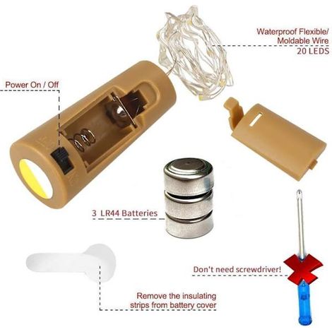 Bouchon de bouteille lumineux à LED 12 x 20 LED avec piles, décoration de mariage, 2 m de longueur (1/5)