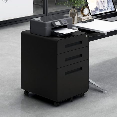 Archivador móvil negro de 3 cajones para debajo del escritorio, almacenamiento sencillo y versátil para documentos tamaño legal/carta/A4, diseño antivuelco de 5 ruedas, acero laminado en frío, resiste