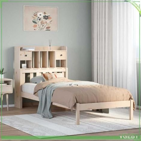 Lit bibliothèque - 3322325 - Bois de pin massif - Pour matelas 75x190 cm - Tête de lit bibliothèque 2 tiroirs (1/5)