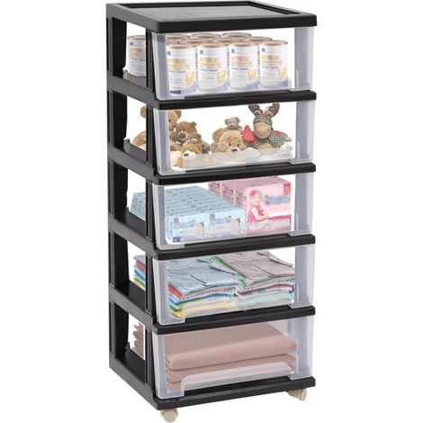5 Storage Drawers With Wheels, Black Plastic Organiser Drawer Cart, Can be used to Organise Books, Textbooks, Jewellery, Cosmetics, Towels, Snacks, 40x33x98cm