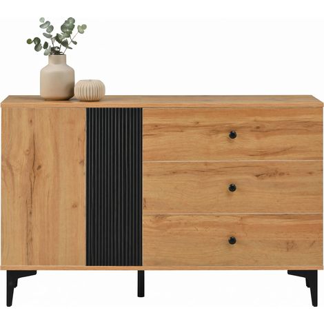 Buffet bas 120 cm avec 1 porte et 3 tiroirs, effet bois clair et noir, rangement moderne pour salle à manger et salon, pieds métal, gain de place - CHICFURN (1/5)