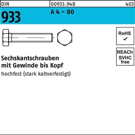 Sechskantschraube DIN 933 VG M 10 x 140 A 4 - 80 25 Stück