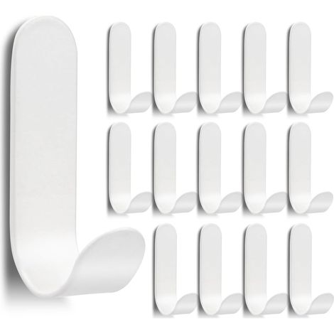 Lot de 15 crochets adhésifs - Petits crochets autocollants en acier inoxydable - Sans perçage - Pour salle de bain, cuisine, porte-manteau (blanc) (1/5)