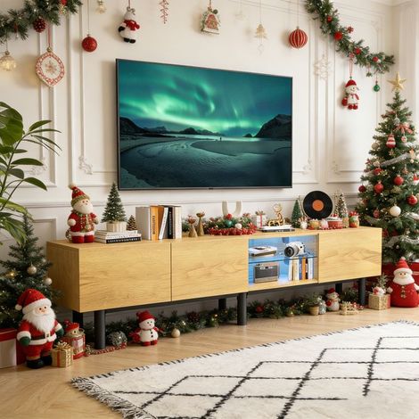 Moderner TV-Schrank - Holzimitat-Oberfläche - 3 Türen - LED-Beleuchtung - Wohnzimmermöbel - 175 x 31 x 41 cm