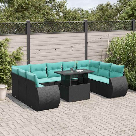 10-teiliges Gartensofa-Set mit Kissen, schwarzes Polyrattan (1/5)