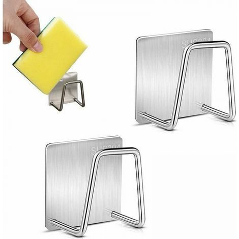 Porta spugna adesivo, 2 supporti in acciaio inox, non richiede foratura, per lavello da cucina (argento) (1/2)