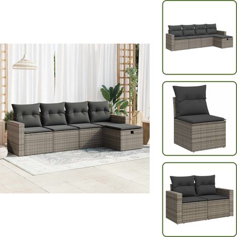 5-tlg. Garten-Sofagarnitur mit Kissen Grau Poly Rattan - Gartensofa Set - Garten Sofa Set - Outdoor Sofa Set - Garten Sofagarnitur (1/5)