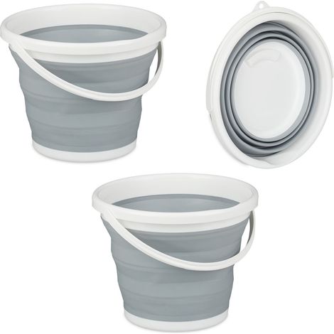 Relaxdays Set of 2 Folding Buckets, 10L Mopping Bin, Collapsible for Car, Camping and Festivals, Grey