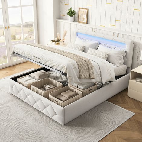 Cama con almacenamiento 140x190 cm, cama doble con banda luminosa LED integrada, cabecero con tachuelas, somier de láminas, tapizado de terciopelo, diseño moderno, Beige