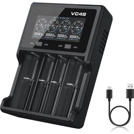 Chargeur Batterie Li Ion - 4 Emplacements - 18 W - Courant Max 3 A - Pour 10440 16340 18650 20700 21700 32650 AAA AA C - Noir (1/5)
