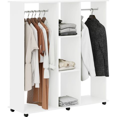 Porte-linge 6 roues 5 étagères 2 tringles structure bois aluminium rangement vêtements chambre salon, blanc (1/5)