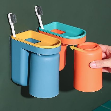 Set mit 2 Kinderzahnbürstenhaltern, wandmontierter Badezimmerzahnbürstenhalter, blau und orange. (1/5)