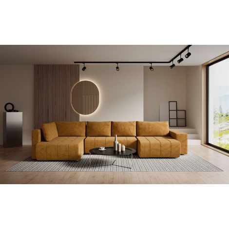 Wohnlandschaft Schlafsofa ARMANDA in Stoff Blur Honiggelb langer Schenkel Links