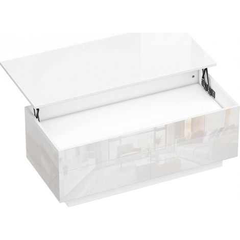 Table basse moderne blanche laquée avec plateau hauteur réglable et rangement intégré (1/5)