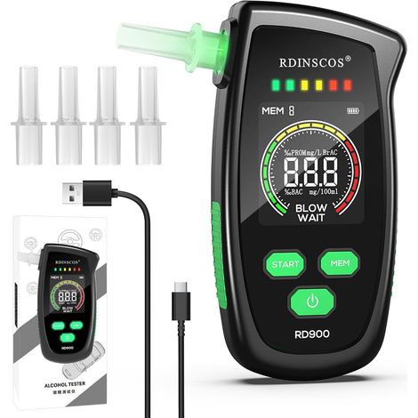 RDINSCOS Alcootest Portable, Test d'alcool avec écran LCD Numérique, avec Précision et 5 Embouts pour Usage Domestique et Fêtes (1/5)