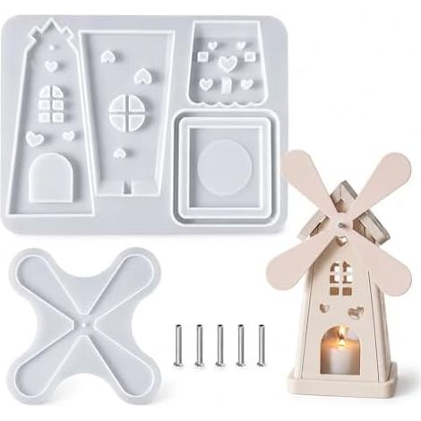Moule en silicone 3D en forme de moulin à vent pour béton, plâtre, résine, Jesmonite - Moule de moulage pour bougeoirs DIY, idéal pour la décoration intérieure et les projets de loisirs créatifs, 1 pi (1/5)