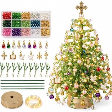 Kit de sapin de Noël à faire soi-même avec perles, sapin de table, design 3D, décorations à monter soi-même, avec support doré (1/5)