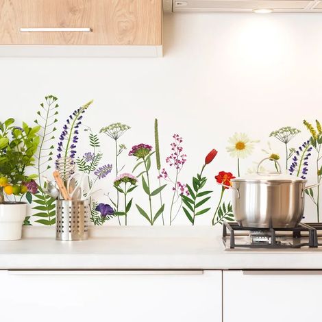 Crédence cuisine en aluminium - motif floral vert, violet, jaune et rouge - 240x50 cm (en 2 bandeaux)