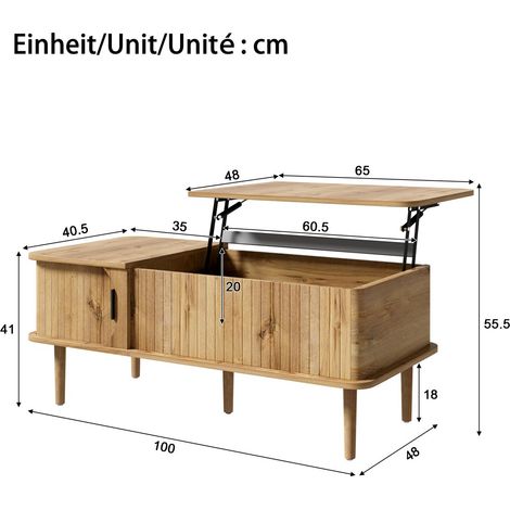 Table basse relevable plateau réglable en hauteur table de salon porte coulissante aspect bois rainures verticales pieds en bois (1/5)