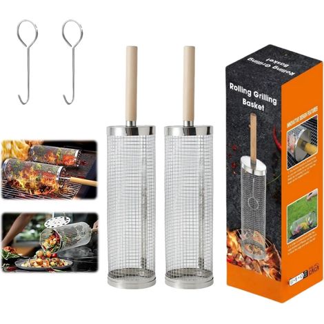 kimeo GrillMaster - Paniers inox pour cuisson au barbecue 2 pièces avec poignées en bois, légumes et poissons, accessoires pratiques grill extérieur, facile à nettoyer (1/5)