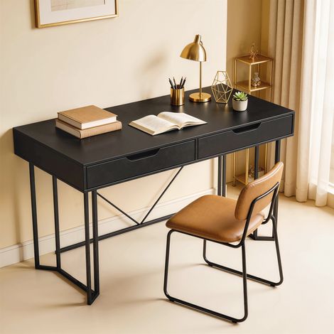 Petit bureau informatique 2 tiroirs Bureau grande surface travail - Dimensions: 120x60x77 cm - Couleur: Noir