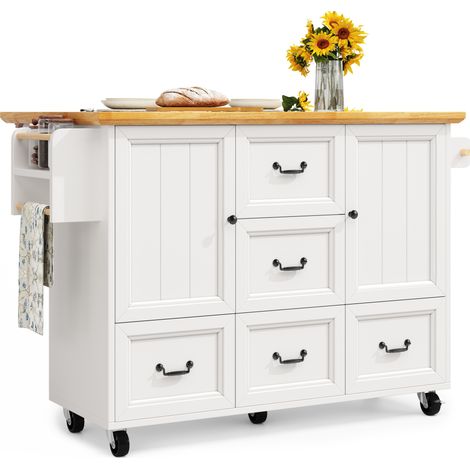 CHICFURN Isla de cocina 120 x 73(45) x 93 cm de MDF blanca con ruedas, ahorra espacio (1/5)