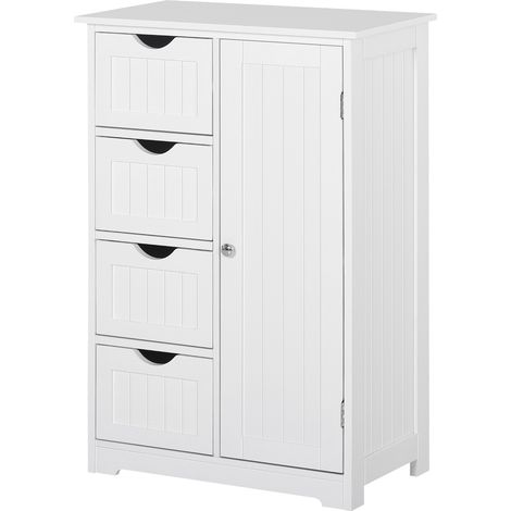 Meuble de salle de bain en MDF blanc, 56 x 30 x 83 cm, 4 tiroirs, étagère réglable, style moderne (1/5)