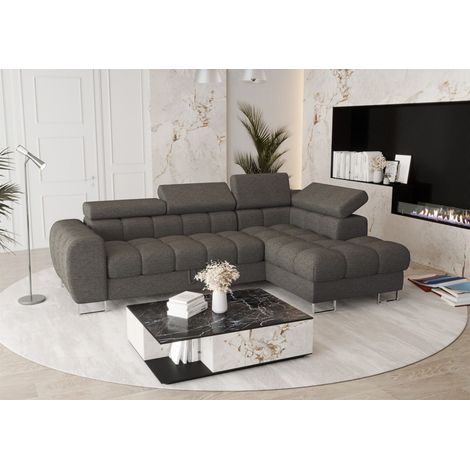Ecksofa Schlafsofa BASTIEN in Stoff Aragon Dunkelgrau Ottomane Rechts