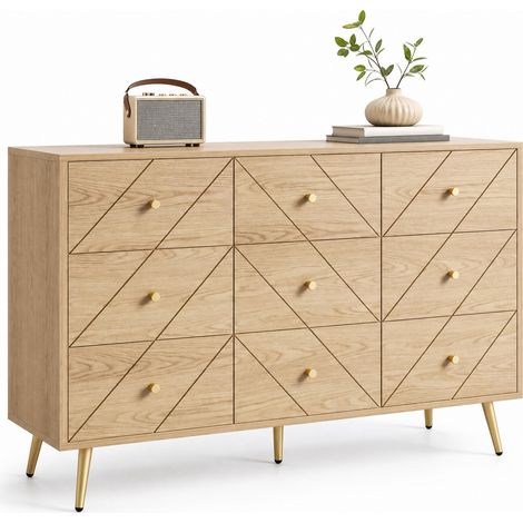 Commode 9 tiroirs en panneau de particules avec pieds en métal, motifs géométriques et format compact 120 x 39 x 80 cm pour chambre, salon ou entrée - CHICFURN (1/5)
