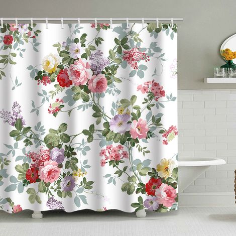 Duschvorhang (150 x 180 cm) mit Blumen- und Blattmuster, Aquarell-Blumenmuster in Pastellfarben, wasserdichtes Polyestergewebe für Badezimmer, inklusive 12 Haken