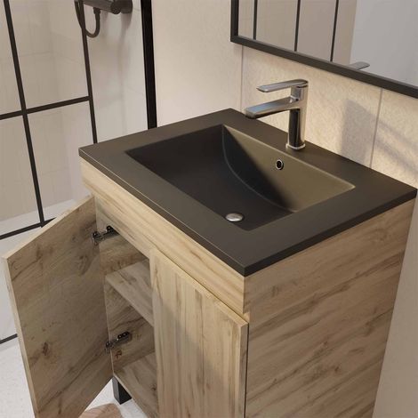 meuble salle de bains 60cm décor chene naturel 2 portes - vasque noire et miroir - timber — vue 2