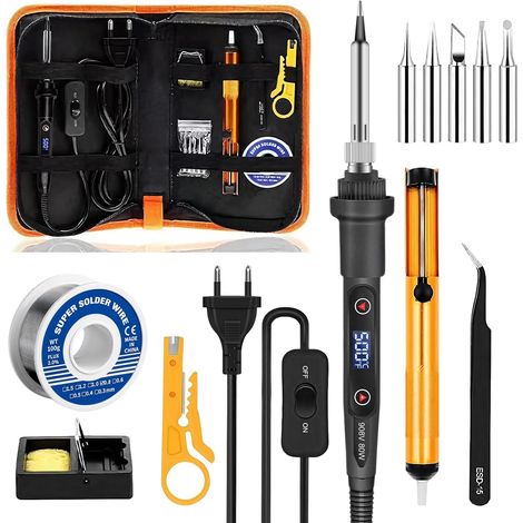 Kit Fer à Souder 80W, Température Réglable 180-500°C, Électronique de Précision avec Interrupteur Marche/Arrêt, 5 Pannes, Fil de Soudure, pour Réparation Électrique et Bricolage (Noir) (1/5)