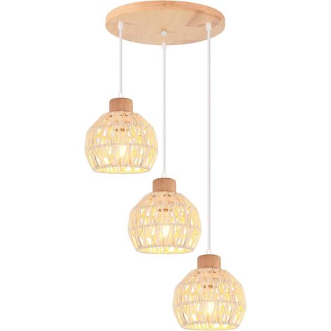 3 Suspension Luminaire Rotin Bois 16cm Abat-jour E27 Vintage Décoration Salon Chambre Cuisine (1/5)