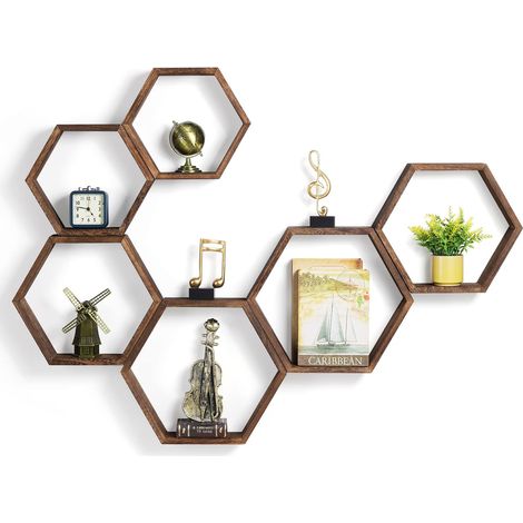 Hexagon Lot de 6 étagères murales en nid d'abeilles en bois pour maisons de ferme, écran en bois, étagères hexagonales, fixées au mur, bureau, décoration marron (1/5)