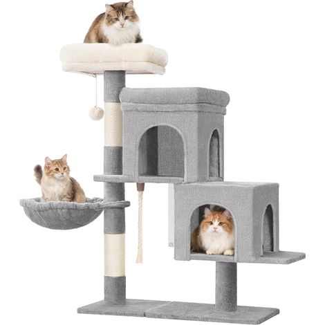 Arbre a Chat, Petit Arbre à Chat de 95 cm, Spacieux et Stable, Fond Réglable, avec Grande Plateforme Souple, Pompons, Panier, Griffoir, Corde en Sisal, Gris Clair (1/5)